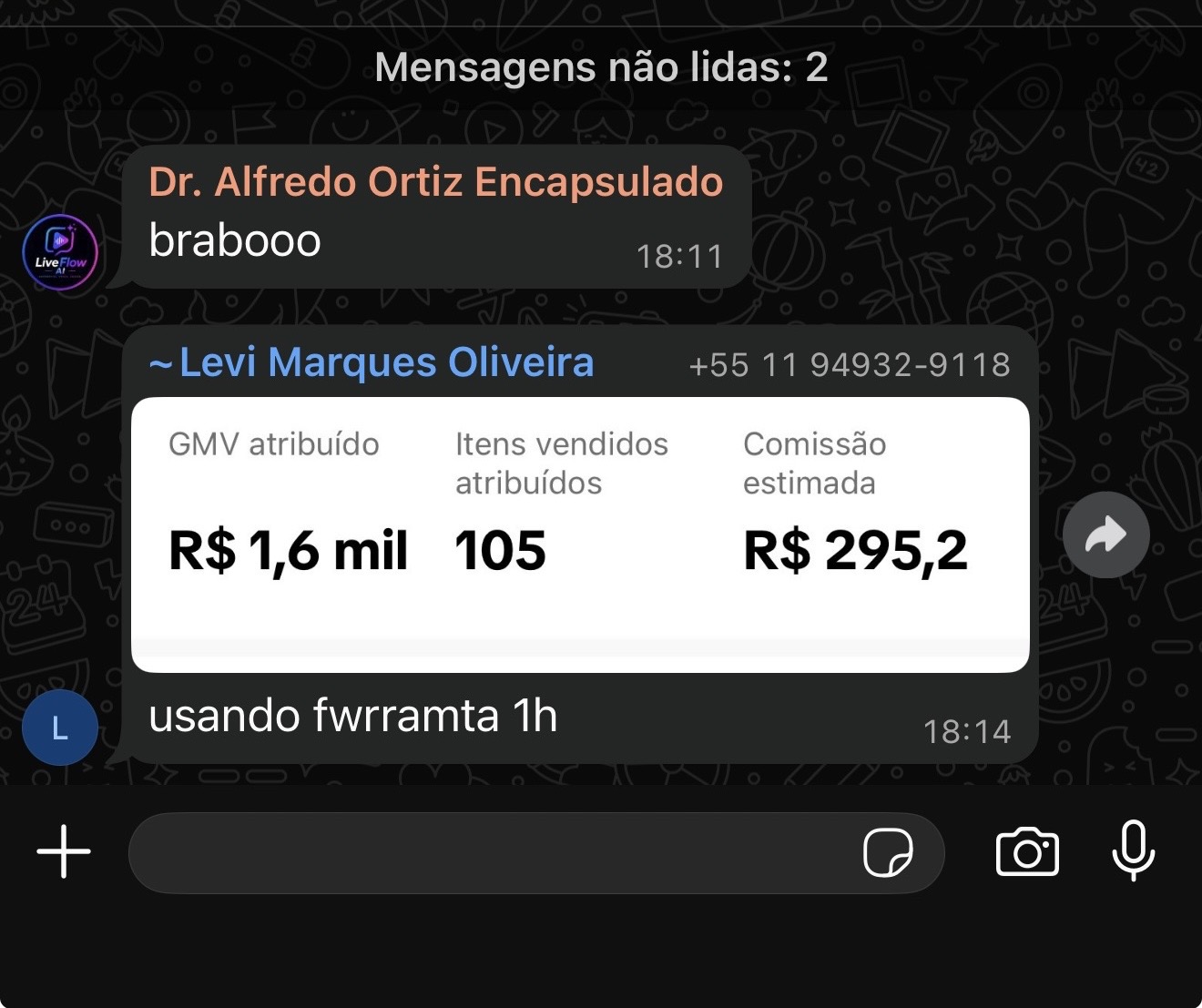 R$ 1,6 mil e 105 vendas usando a ferramenta em 1h